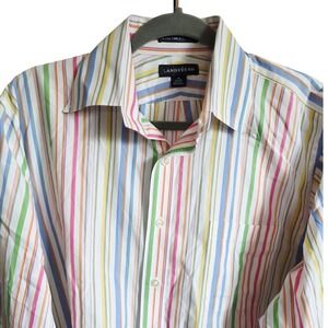 Lands End Mens 16 Striped Button Down Shirt Long Sleeve‎ Super Fine 2 Ply Yarn